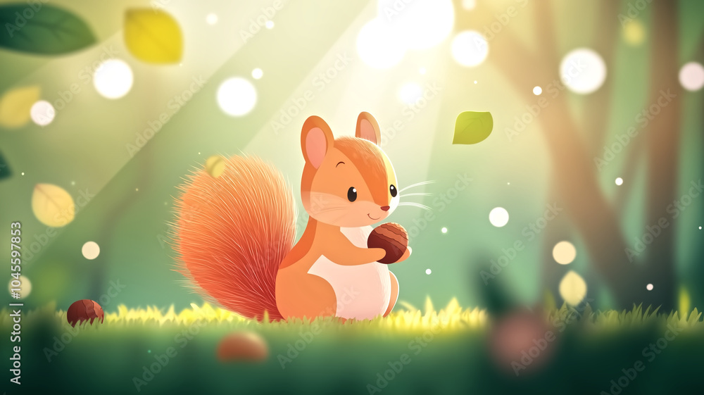 Obraz premium playful squirrel with bushy tail is collecting acorns in sunlit forest. vibrant colors and soft lighting create cheerful atmosphere, capturing essence of nature