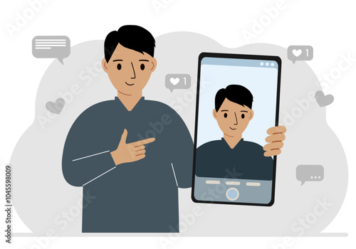 A male video blogger records or watches a video or photo on a smartphone. Various social media icons. Vector flat illustration