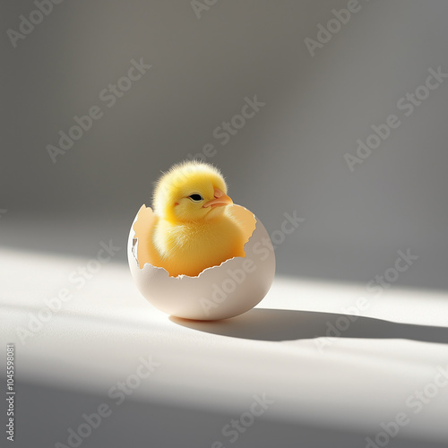  Illustrate a close-up of a yellow chick hatching from its egg in a rustic barn, nestled in soft straw bedding with warm sunlight 