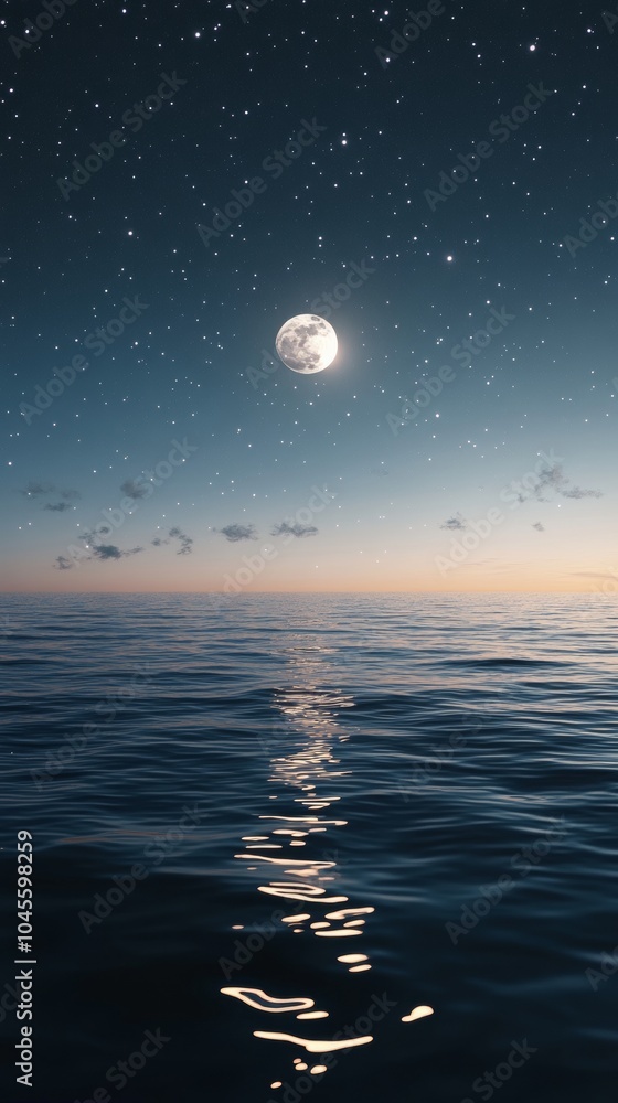 The tranquil ocean surface shimmers under the light of a full moon, surrounded by a clear night sky filled with stars and soft clouds, capturing a peaceful twilight atmosphere The tranquil ocean surface shimmers under the light of a full moon, surrounded by a clear night sky filled with stars and soft clouds, capturing a peaceful twilight atmosphere