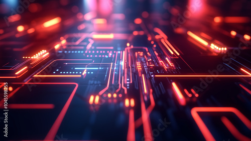 vibrant abstract representation of glowing circuitry, showcasing intricate patterns and luminous lines. This digital artwork evokes sense of advanced technology and innovation