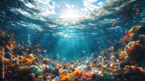 vivid underwater scene depicting waste in the ocean with marine life struggling amidst pollution raising awareness about environmental issues through stark contrasts