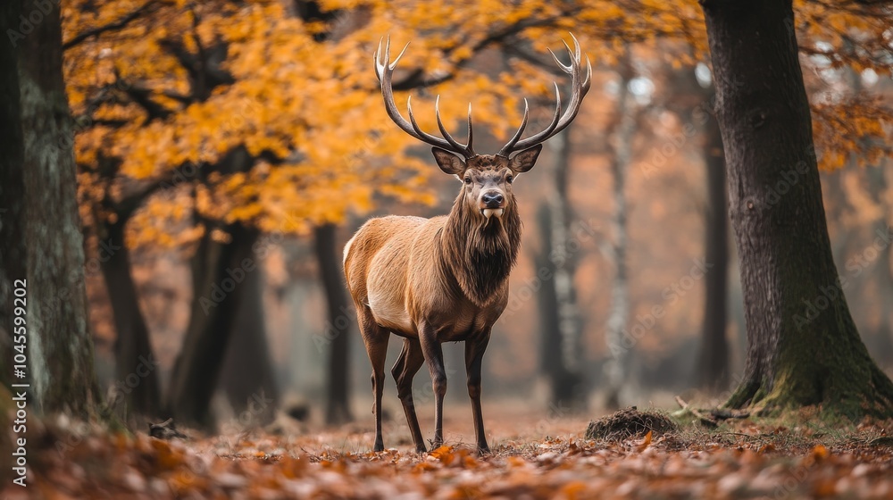 A majestic red deer buck stands in an autumn forest, its antlers prominent against a backdrop of vibrant yellow leaves. A majestic red deer buck stands in an autumn forest, its antlers prominent against a backdrop of vibrant yellow leaves.