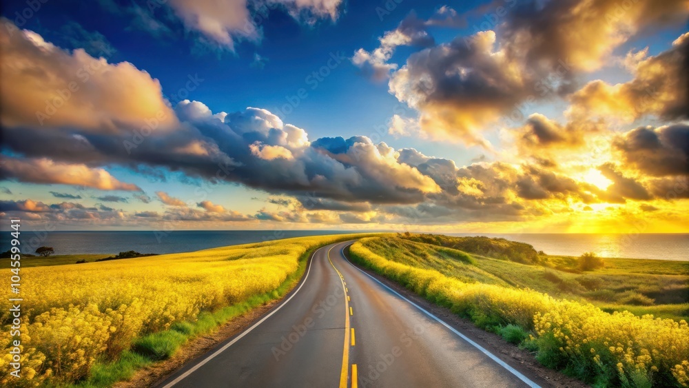 A winding road through a field of vibrant yellow flowers leads to a stunning sunset over the ocean, with fluffy clouds painting the sky in hues of orange, pink, and blue. A winding road through a field of vibrant yellow flowers leads to a stunning sunset over the ocean, with fluffy clouds painting the sky in hues of orange, pink, and blue.