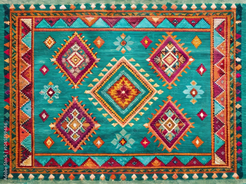 Bohemian Style Rectangular Pattern with Random Aztec Design on Deep Turquoise Background Color Bohemian Style Rectangular Pattern with Random Aztec Design on Deep Turquoise Background Color
