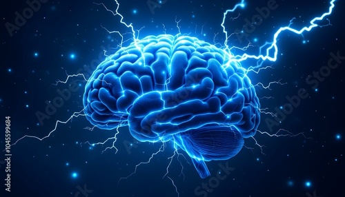 Obraz na płótnie Human brain digital illustration. Electrical activity, flashes and lightning on a blue background. Digital Illustration of the Human Brain. Electrical Activity, Flashes, and Lightning on a Blue Backgr w salonie