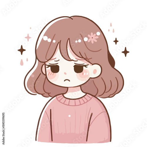 A girl with sad face in flat illustration on white background