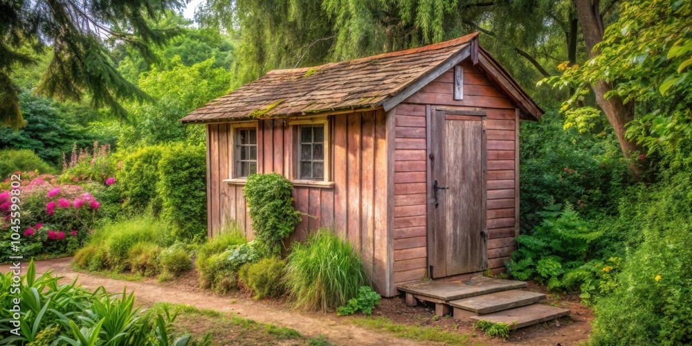 A weathered wooden shed with a rustic door and windows, nestled amidst lush green foliage and a path leading through a vibrant garden. A weathered wooden shed with a rustic door and windows, nestled amidst lush green foliage and a path leading through a vibrant garden.