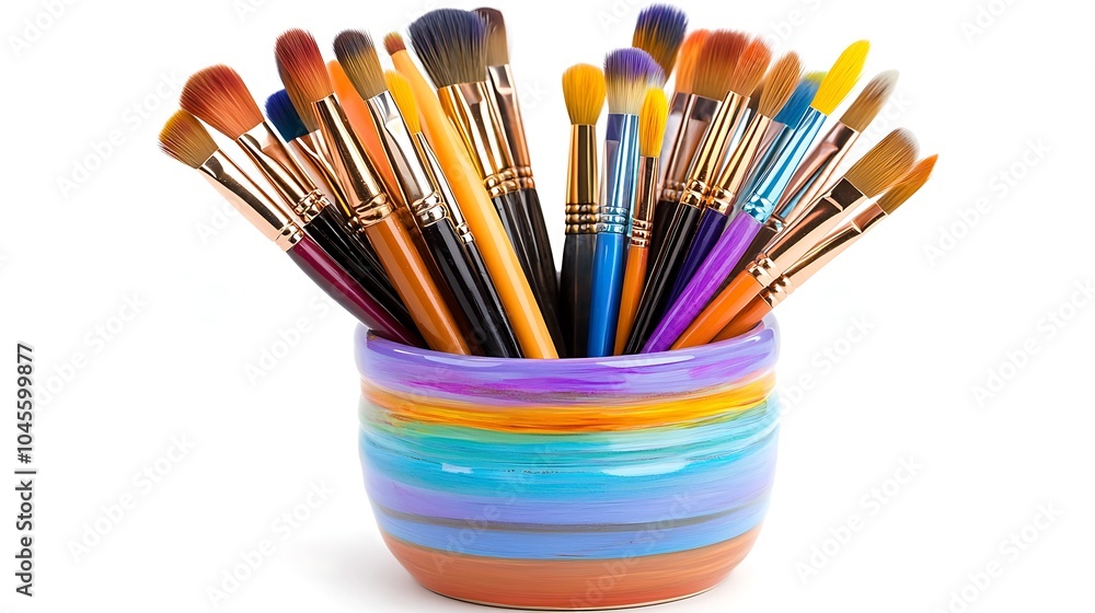 Fototapeta premium Vibrant Paintbrushes in Colorful Ceramic Bowl