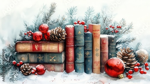 watercolor illustration of christmas books stacked each cover adorned with festive designs surrounded by holiday decorations creating a warm and inviting atmosphere for the season