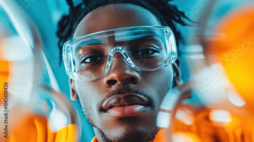 Young scientist in safety goggles conducts experiment in a laboratory with colorful glassware photo