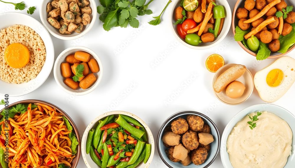 Assortment of healthy food dishes. Top view. Free space for your text isolated with white highlights, png Assortment of healthy food dishes. Top view. Free space for your text isolated with white highlights, png