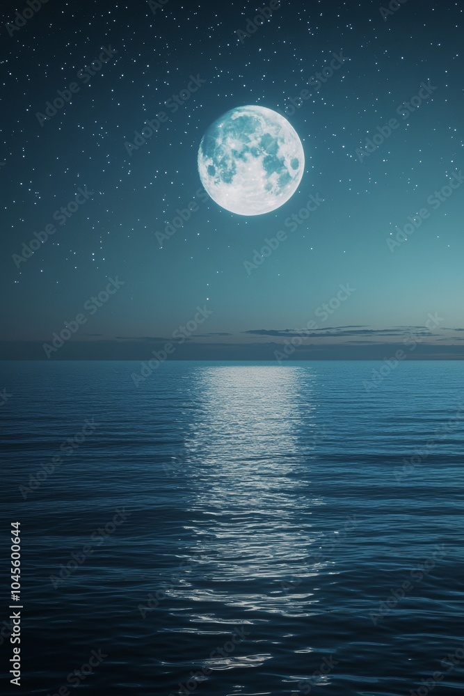 An expansive view showcases a full moon illuminating the calm ocean surface, while stars twinkle above in a clear night sky, creating a peaceful atmosphere An expansive view showcases a full moon illuminating the calm ocean surface, while stars twinkle above in a clear night sky, creating a peaceful atmosphere