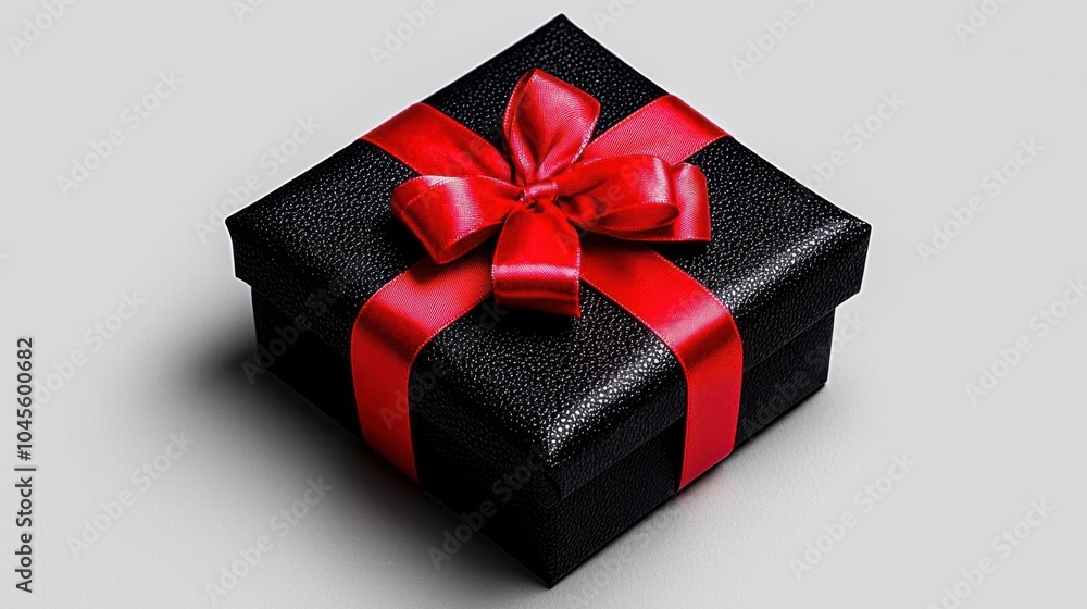 A photostock of a black gift box with a red ribbon, white background, high resolution A photostock of a black gift box with a red ribbon, white background, high resolution