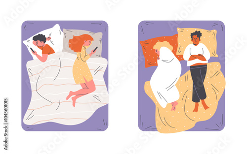 Vector collection of a man and a woman facing conflict in a relationship in bedroom