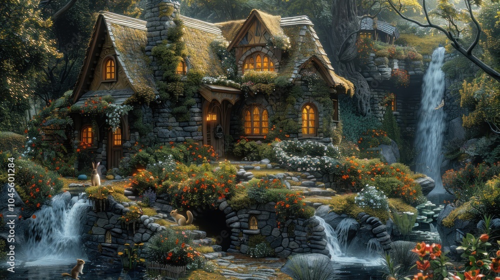 Fototapeta premium Enchanted Cottage by the Waterfall