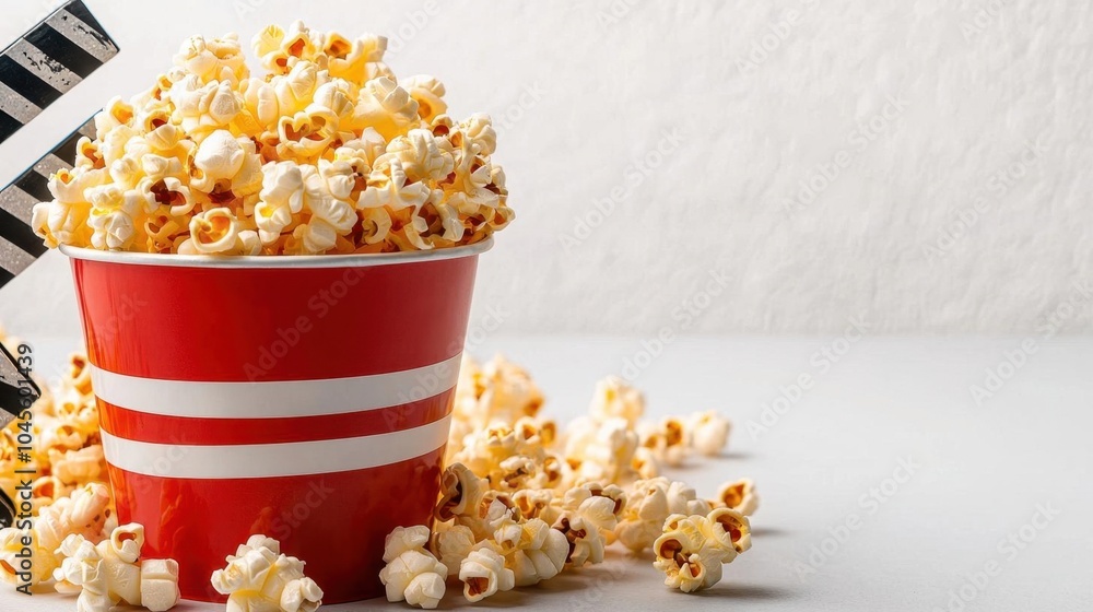 A photostock of a popcorn bucket with a film clapper, white background, movie night theme A photostock of a popcorn bucket with a film clapper, white background, movie night theme