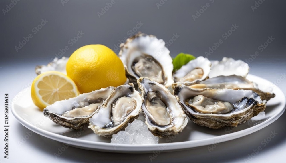 Oysters served on a white plate with ice and lemon, presented on an isolated white background. AI generated. Oysters served on a white plate with ice and lemon, presented on an isolated white background. AI generated.
