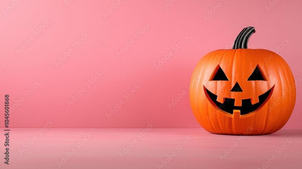 A photostock of a pumpkin head with a painted face, pink background, Halloween theme A photostock of a pumpkin head with a painted face, pink background, Halloween theme
