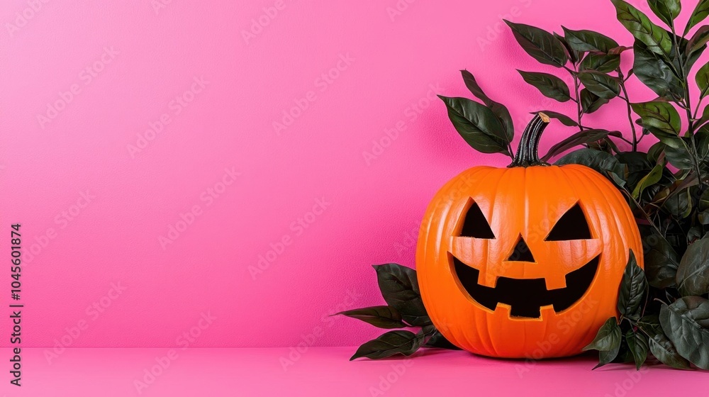 A photostock of a pumpkin head with a painted face, pink background, Halloween theme A photostock of a pumpkin head with a painted face, pink background, Halloween theme
