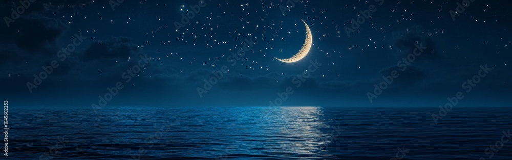 A crescent moon casts a gentle glow on the calm ocean, while countless stars twinkle in the clear night sky, creating a peaceful and serene ambiance A crescent moon casts a gentle glow on the calm ocean, while countless stars twinkle in the clear night sky, creating a peaceful and serene ambiance