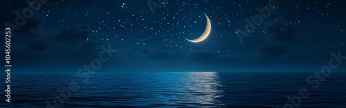 A crescent moon casts a gentle glow on the calm ocean, while countless stars twinkle in the clear night sky, creating a peaceful and serene ambiance