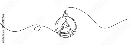 Christmas ball one line icon. Simple one continuous line drawing of  christmas bauble with christmas tree inside isolated on white background.Holiday christmas decoration.