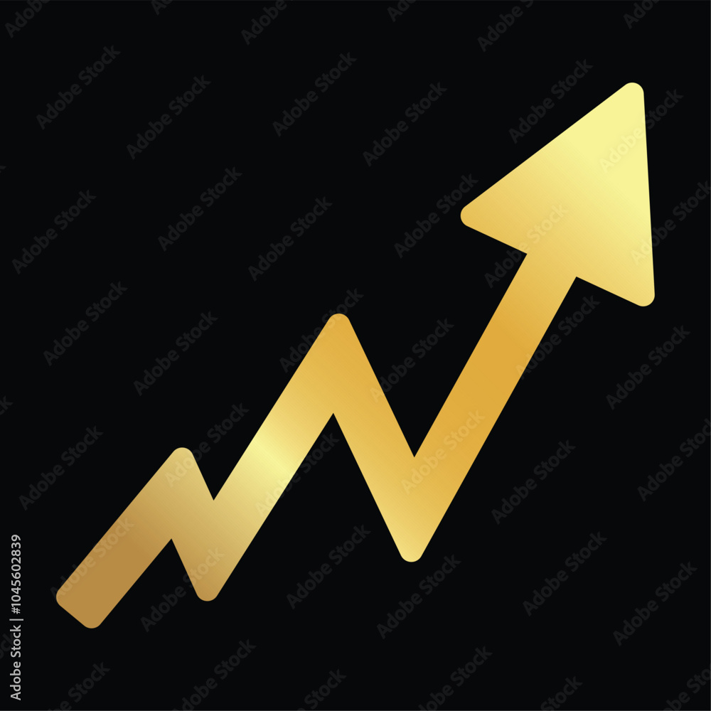 Golden shiny arrow is going up isolated on a black background. Gold arrow, Vector.Business concept, growing chart. Concept of sales symbol icon with arrow moving up. Economic Arrow, Growing Trend. Golden shiny arrow is going up isolated on a black background. Gold arrow, Vector.Business concept, growing chart. Concept of sales symbol icon with arrow moving up. Economic Arrow, Growing Trend.