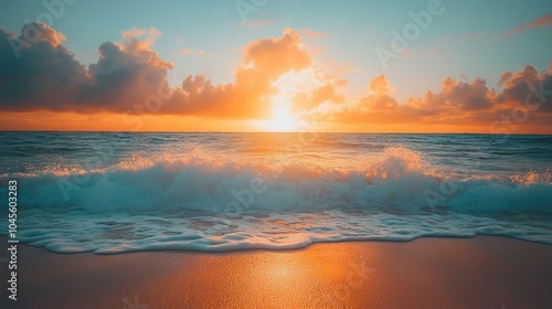 A breathtaking sunrise over the ocean with crashing waves on a sandy beach.