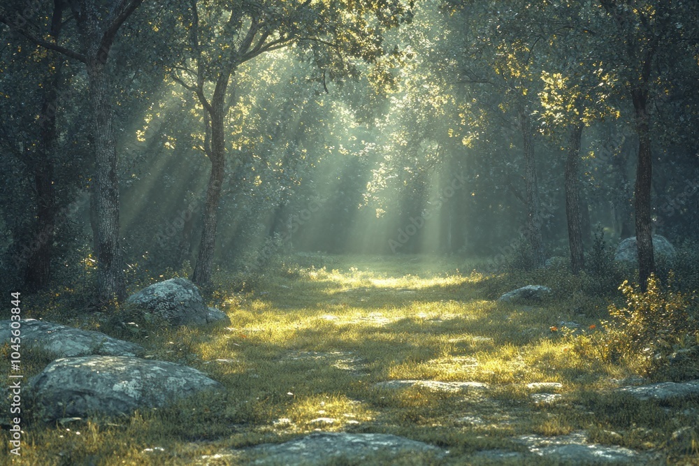 Fototapeta premium A serene forest path illuminated by soft sunlight filtering through the trees.