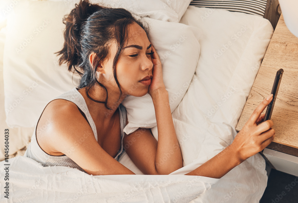 Waking up, reading and woman with smartphone, bed and confused with bank charges and notification. Bedroom, annoyed and email for increase of interest rate, unhappy and person with mobile in house Waking up, reading and woman with smartphone, bed and confused with bank charges and notification. Bedroom, annoyed and email for increase of interest rate, unhappy and person with mobile in house