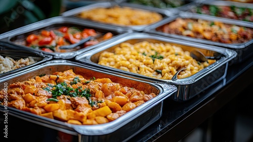 A buffet table with a variety of dishes, including chicken and potatoes, macaroni and cheese, and other unknown dishes.