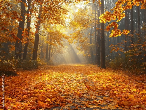 Misty autumn morning in a forest with golden leaves and sunbeams through trees