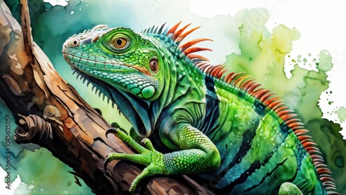 A vibrant green iguana perched on a branch, showcasing its colorful scales in a natural setting.