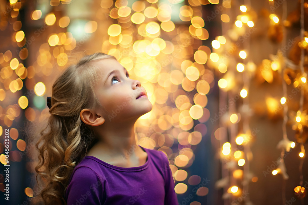 A young girl gazes up in wonder at sparkling lights, creating a magical atmosphere filled with warmth and joy. A young girl gazes up in wonder at sparkling lights, creating a magical atmosphere filled with warmth and joy.