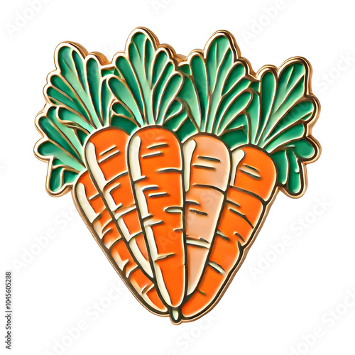 Retro carrot enamel pin with vibrant orange and green colors, vegetable design, isolated on transparent background, PNG.