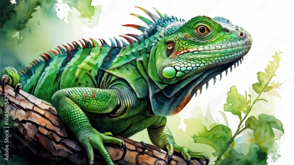 Obraz premium A vibrant green iguana perched on a branch among lush foliage.