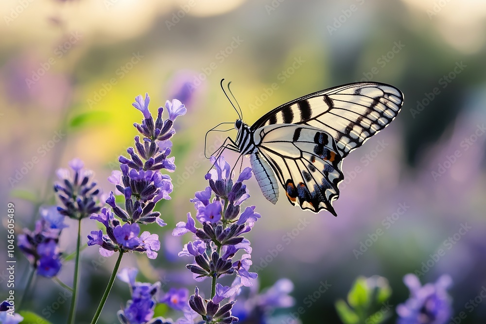Photograph of a butterfly with black and white wings on a purple flower Photograph of a butterfly with black and white wings on a purple flower