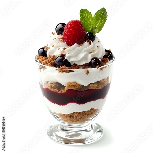 Layered dessert parfait with whipped cream, berries, and mint.