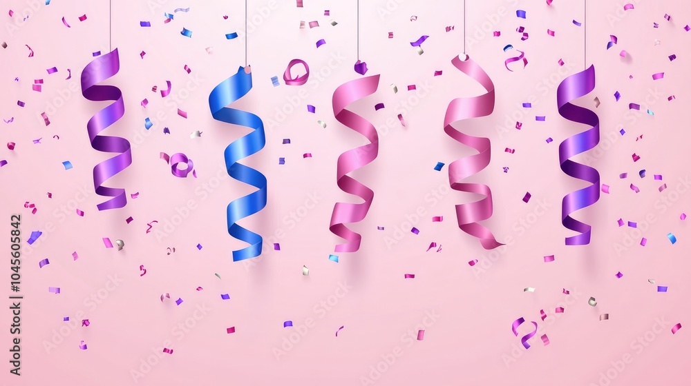 Obraz premium Colorful confetti and ribbon swirl background for a festive celebration
