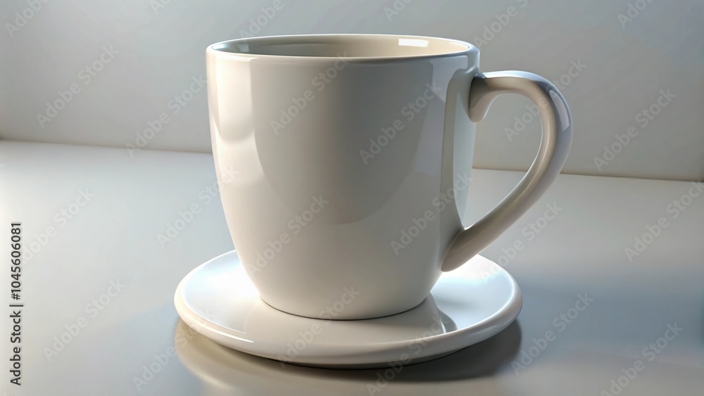 Obraz premium An elegant and clean white ceramic mug mockup template is presented on a sleek desk. The minimalist design and pristine finish of the mug make it perfect for showcasing custom artwork or branding