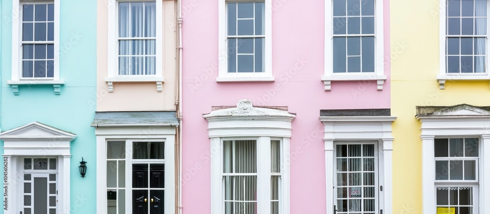 Row of pastel colored houses with white windows and doors. Row of pastel colored houses with white windows and doors.