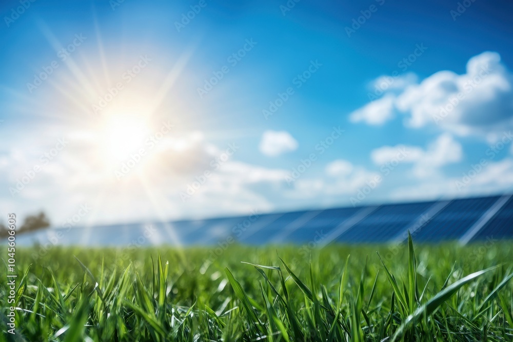 Sunlight over green grass with solar panels in the background, blue sky. Sunlight over green grass with solar panels in the background, blue sky.