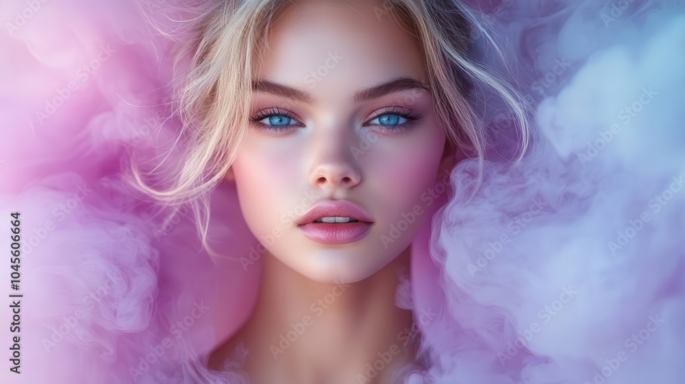 young woman enveloped in a swirling cloud of purple and pink smoke on a soft pastel blue background capturing an ethereal and dreamy aesthetic showcasing beauty and fashion young woman enveloped in a swirling cloud of purple and pink smoke on a soft pastel blue background capturing an ethereal and dreamy aesthetic showcasing beauty and fashion