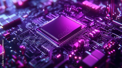 Closeup of a Circuit Board with a Purple Processor