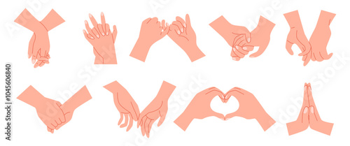 Couple in love hold hands vector icon set, hand shake, touch palms, heart shape gestures, romantic and sympathy symbols