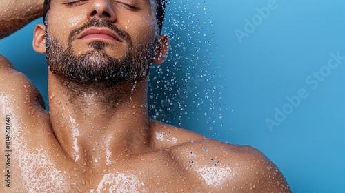 Man Showering with Water Drops on Skin Freshness Hygiene Wellness