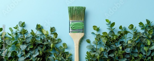 Paintbrush with green paint surrounded by fresh greenery on a pastel background photo