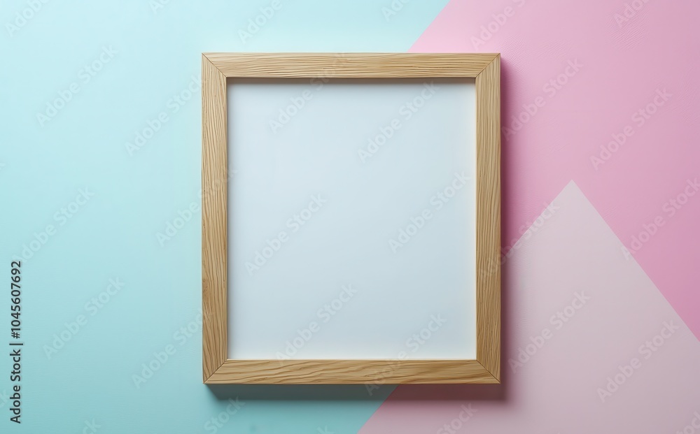 Blank wooden frame on a pastel pink and blue background for art or photography display Blank wooden frame on a pastel pink and blue background for art or photography display
