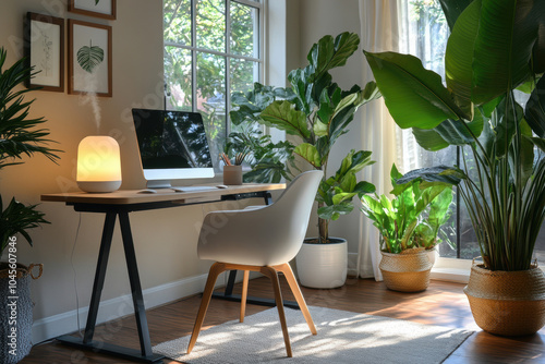 wellness home workspace, a wellness-focused home office featuring elegant decor, a smart standing desk, leafy plants, and a subtle aroma diffuser photo